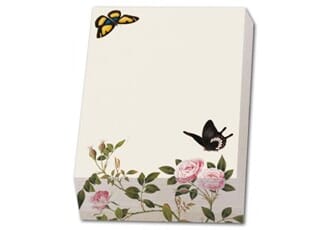 Notisblokk m/skråkant, dekorert, roser og sommerfugler