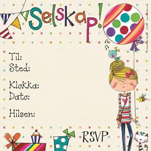 Innbydelser 15x15, Rachel Ellen Designs, jente ballong & kat