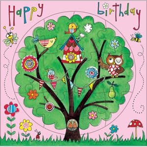 Puslekort 165x165mm, rundt puslefelt, tre med fugler