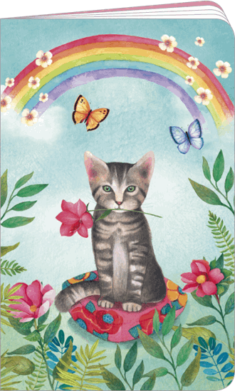 Notisbok 11x18, blanke sider, Mila, katt & regnbue