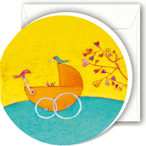 Minikort, rundt, 72mm, H.Vesvard, barnevogn, gul