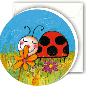 Minikort, rundt, 72mm, B.Morel, marihøne m/blomst