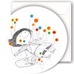 Minikort, rundt, 72mm, F.Quatraro, jente blant blomster