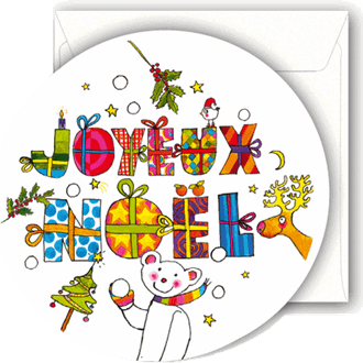 Minikort, rundt, 72mm, Joyeux Noël