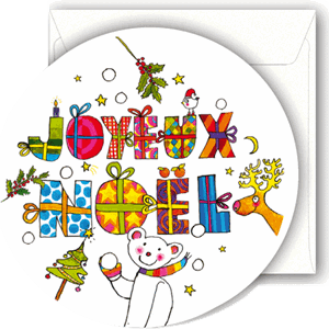 Minikort, rundt, 72mm, Joyeux Noël