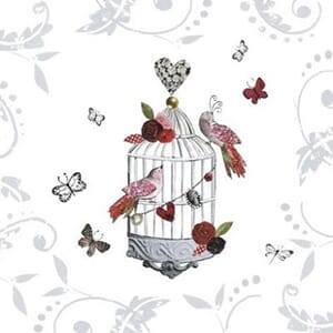 Minikort 78x78mm, "Amore",  fuglebur, rødt