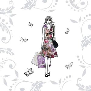 Minikort 78x78mm, "Amore",  jente, shopping