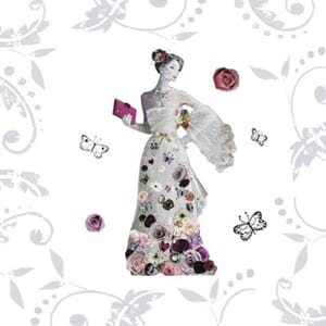 Minikort 78x78mm, "Amore",  dame med håndveske & kast