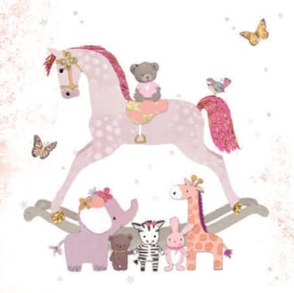 Minikort 78x78mm, "Gold Leaf", gyngehest, rosa