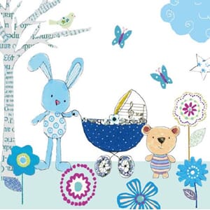 Minikort 78x78, Happiness, vogn/kanin/bamse, blå