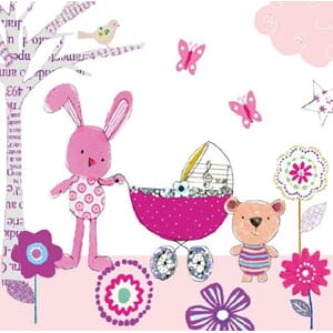 Minikort 78x78, Happiness, vogn/kanin/bamse, rosa