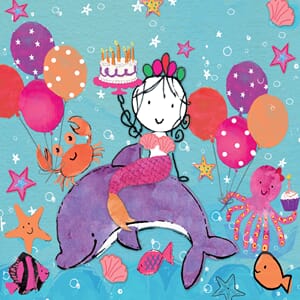 Minikort 78x78mm, "Pop-U-Lah" jente på delfin