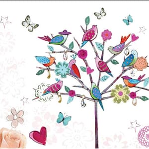 Minikort 78x78mm, "Pretty" tre med fugler/blomster