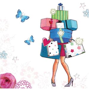 Minikort 78x78mm, "Pretty" shopping-dame