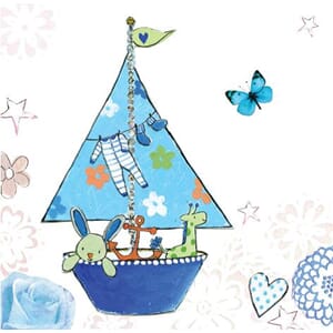 Minikort 78x78mm, "Pretty" seilbåt med kosedyr, blå