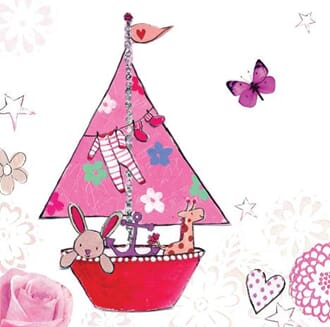 Minikort 78x78mm, "Pretty" seilbåt med kosedyr, rosa