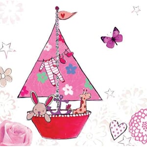 Minikort 78x78mm, "Pretty" seilbåt med kosedyr, rosa