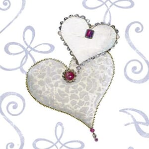 Minikort 78x78mm, "Uppercase" 2 hjerter m/perler