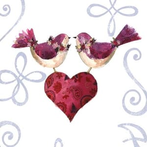 Minikort 78x78mm, "Uppercase" 2 fugler på rødt hjerte