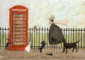 Kunstkort 160x155mm, Sam Toft,  Dialling out for more pizza