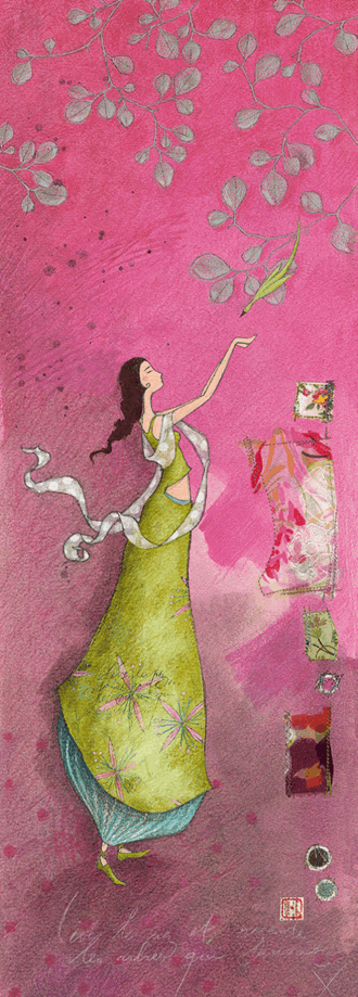 Doble kort 110x310mm, Boissonnard, rødrosa, mater fugl i tre