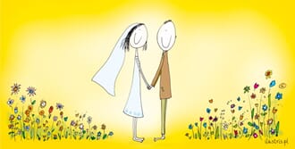 Bryllupskort  "Ilustris" 9x17, blant blomster, gult