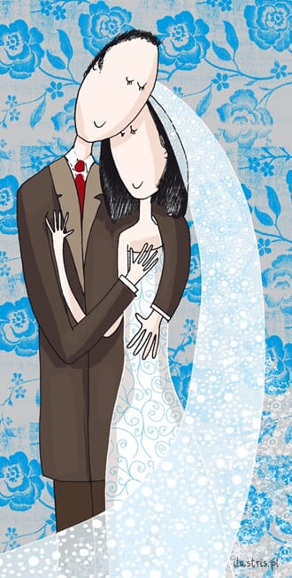 Bryllupskort "Ilustris" 9x17, brudepar i omfavnelse