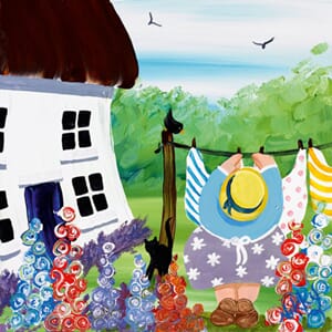Kunstkort 150x150, Nikky Corker, "Washday at Lavender Cottag