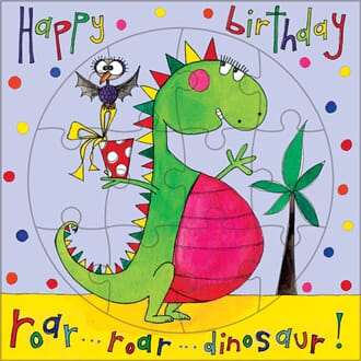 Puslekort 165x165mm, rundt puslefelt, dinosaur