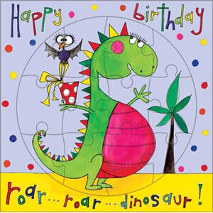 Puslekort 165x165mm, rundt puslefelt, dinosaur