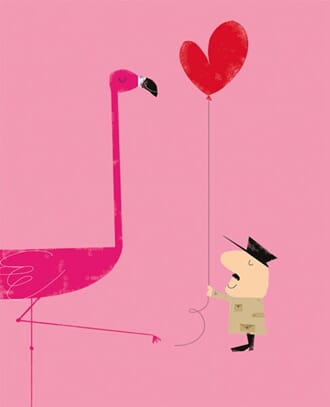 Kort, Ink Press m/farget bakgrunn, flamingo & hjerte ballong