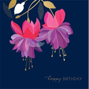 Doble kort, Sara Miller, 138x138mm, 2 blomster, fuchsia