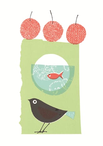 Enkelt kort  Art Press,148x105, 3 Jaffas, a fish and a bird